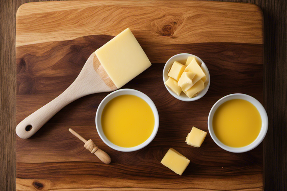 An image showcasing a wooden cutting board with a stick of butter partially melted on one end, surrounded by six tablespoons, each labeled, to visually demonstrate the measurement equivalence
