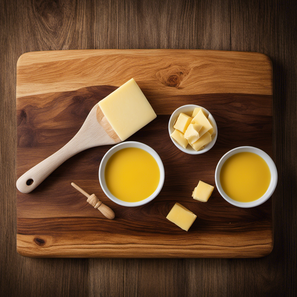 An image showcasing a wooden cutting board with a stick of butter partially melted on one end, surrounded by six tablespoons, each labeled, to visually demonstrate the measurement equivalence
