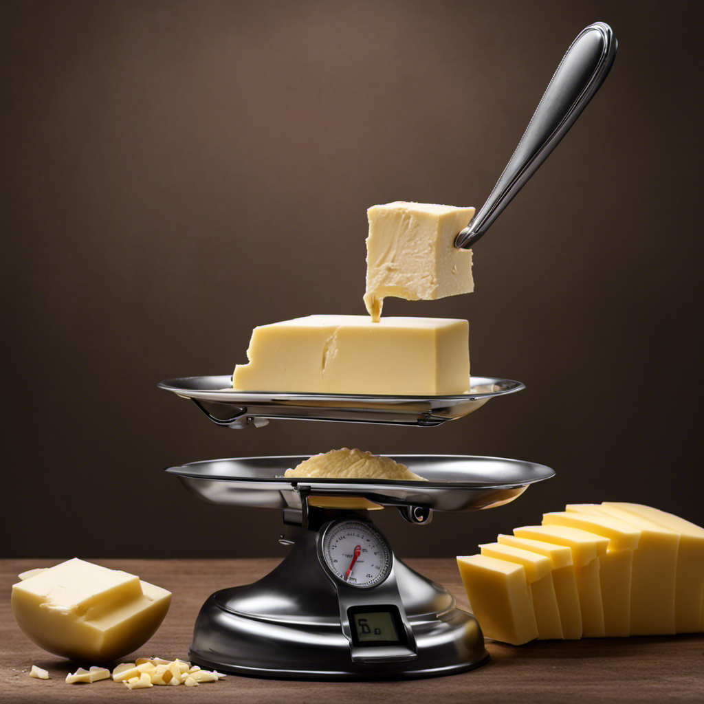 An image showing a stick of butter being weighed on a kitchen scale, with 100 grams highlighted