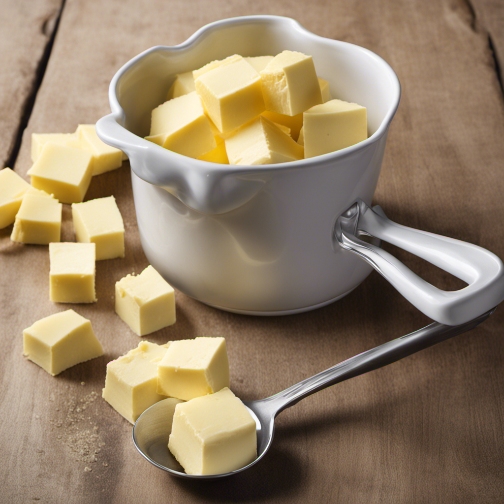 An image depicting a measuring cup filled with 2/3 cup of butter, beautifully showcasing the exact amount using detailed visuals