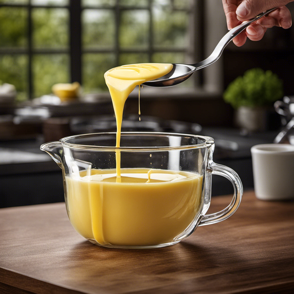 An image showcasing a clear glass measuring cup filled to the 2/3 cup mark with melted butter, surrounded by a tablespoon measuring spoon pouring smooth butter into the cup
