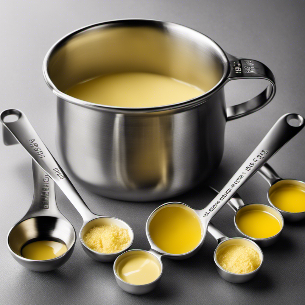 An image depicting a measuring cup filled with 2/3 cup of melted butter, alongside a set of measuring spoons, showcasing the conversion formula by visually representing the equivalent measurement in tablespoons