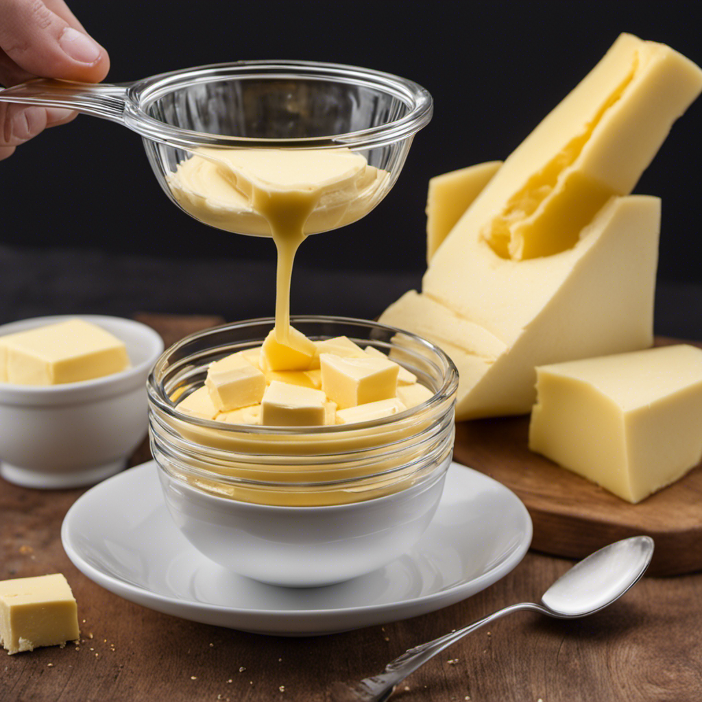 An image illustrating the conversion from 2/3 cup of butter to tablespoons, showcasing a measuring cup filled with butter up to the 2/3 mark, alongside three tablespoons filled with butter