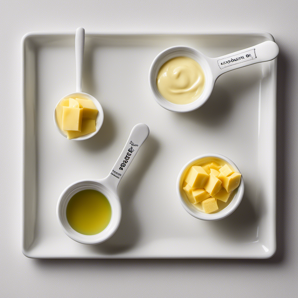 An image showcasing the equivalent of 2/3 cup of butter using visually appealing, labeled measuring spoons surrounded by various butter substitutes like coconut oil, avocado, and Greek yogurt