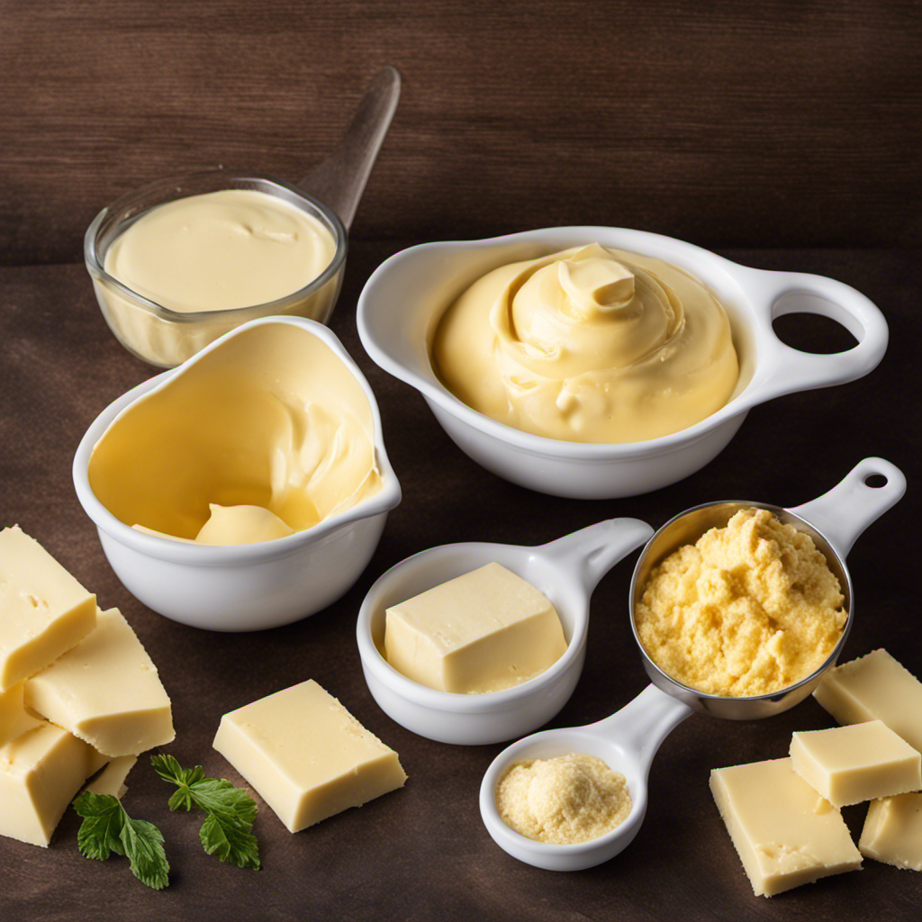 An image showcasing a measuring cup filled with 2/3 cup of creamy, golden butter, perfectly scooped and leveled