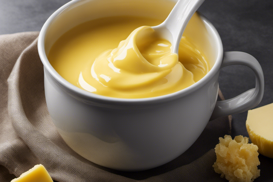 An image showcasing a measuring cup filled with 2/3 cup of melted butter, beautifully cascading into a bowl
