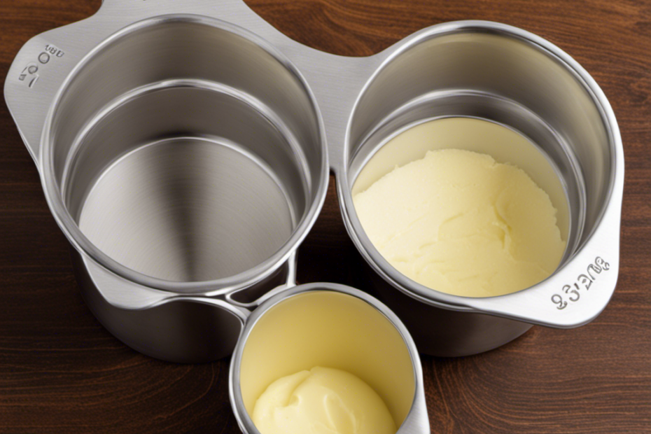 An image that showcases two identical measuring cups; one filled with 2/3 cups of butter and the other with tablespoons