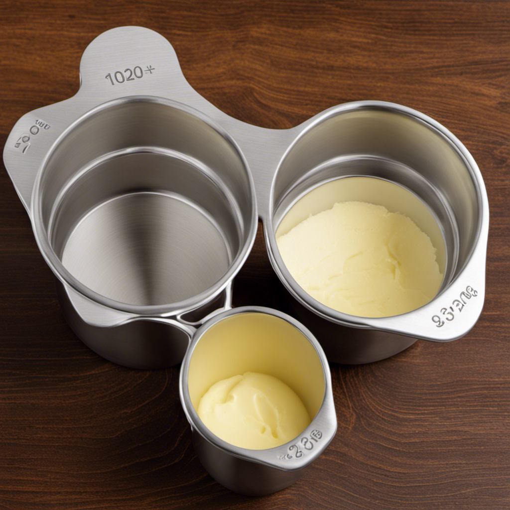 An image that showcases two identical measuring cups; one filled with 2/3 cups of butter and the other with tablespoons