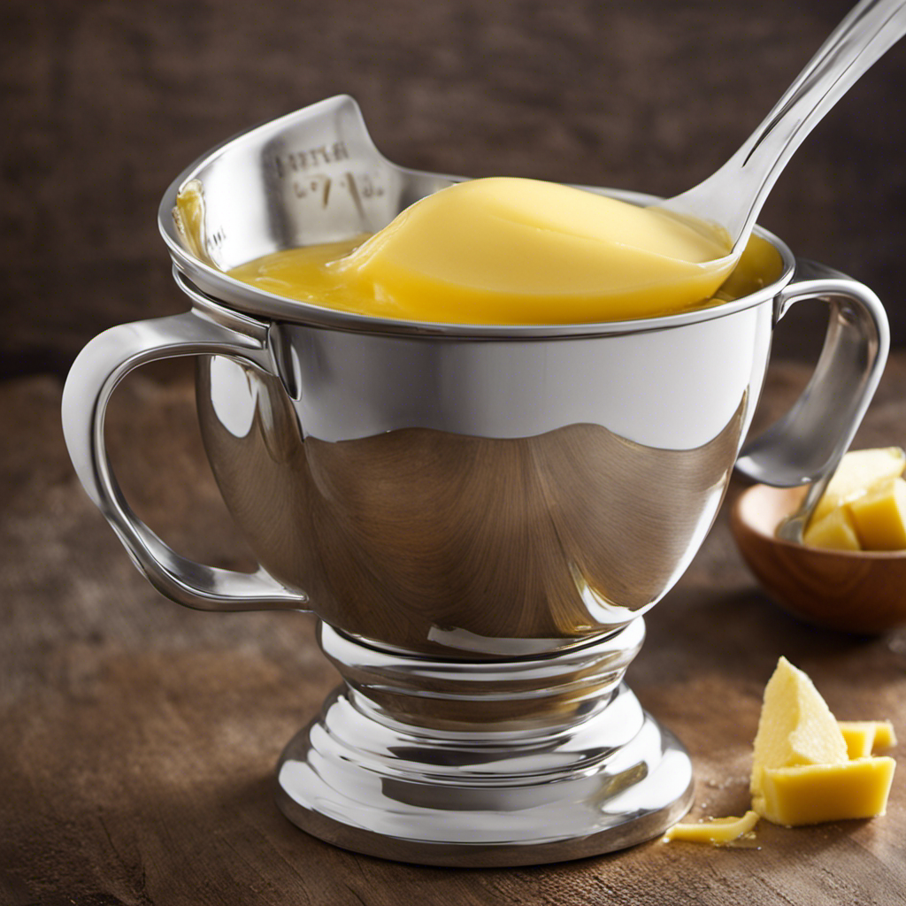 An image showcasing a measuring cup filled to the 2/3 mark with melted butter, beautifully glistening and pouring into a bowl, perfectly capturing the exact measurement