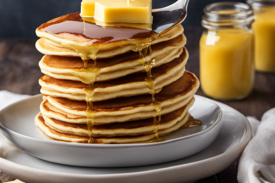 An image showcasing a silver tablespoon filled with creamy, golden butter melting over a stack of warm, fluffy pancakes