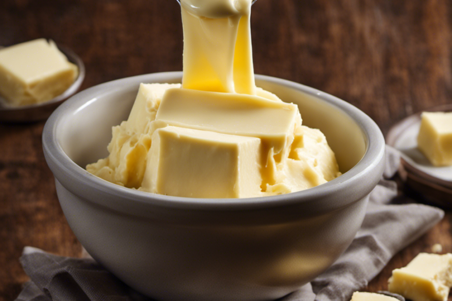 An image depicting a measuring cup filled with 3/4 cup of creamy butter, smoothly leveled at the top