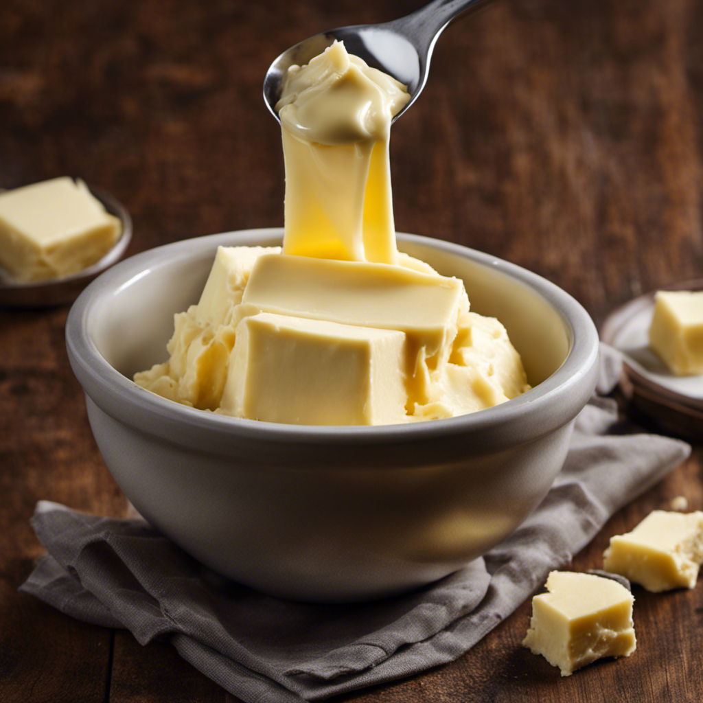 An image depicting a measuring cup filled with 3/4 cup of creamy butter, smoothly leveled at the top