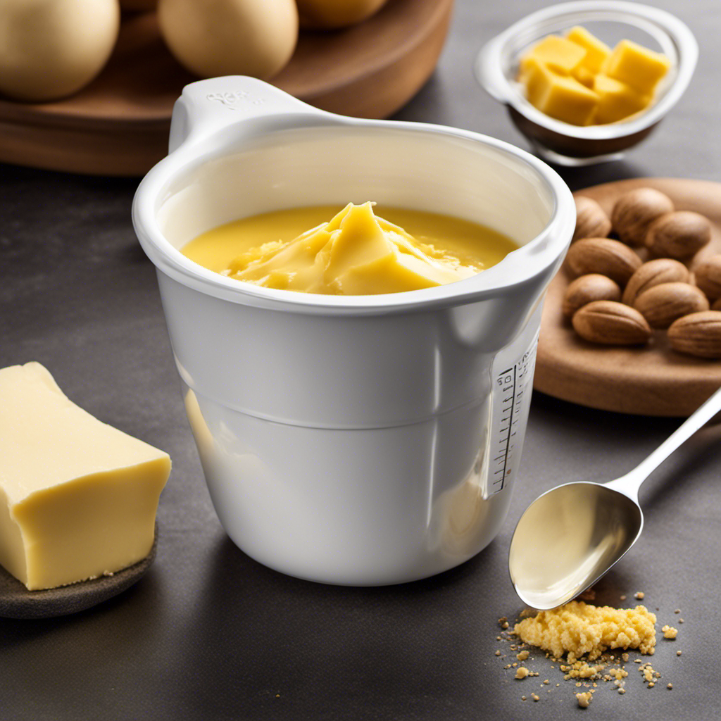 An image showcasing a measuring cup filled with a smooth, creamy, and golden 3/4 cup of butter, precisely portioned into tablespoons with clear markings and a handy conversion chart nearby