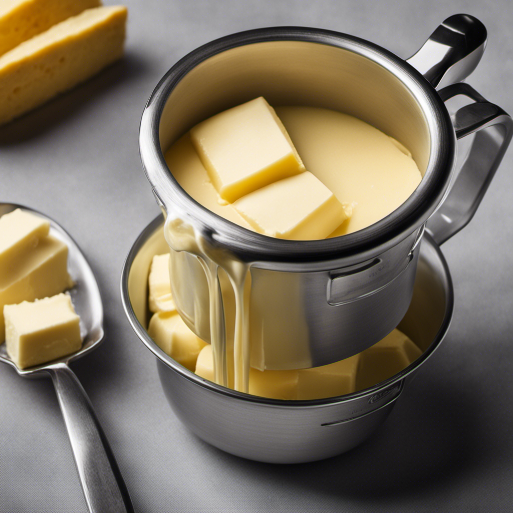 An image showcasing a measuring cup filled with 3/4 cup of butter, alongside a spoon filled with tablespoons of butter, clearly illustrating the conversion from cups to tablespoons