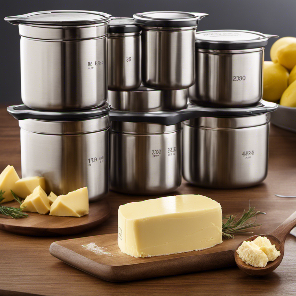 An image that showcases a variety of common butter measurements, including 3/4 cup, in visually distinct containers such as measuring cups and spoons