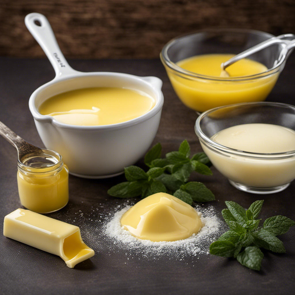 An image showcasing a measuring cup filled with 3/4 cup of melted butter, with clearly labeled tablespoons incrementally displayed alongside it