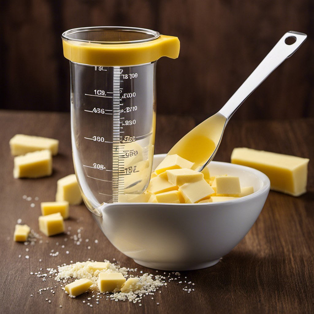 An image showcasing a measuring cup filled with precisely measured 3/4 cup of butter, surrounded by a ruler displaying the equivalent in tablespoons
