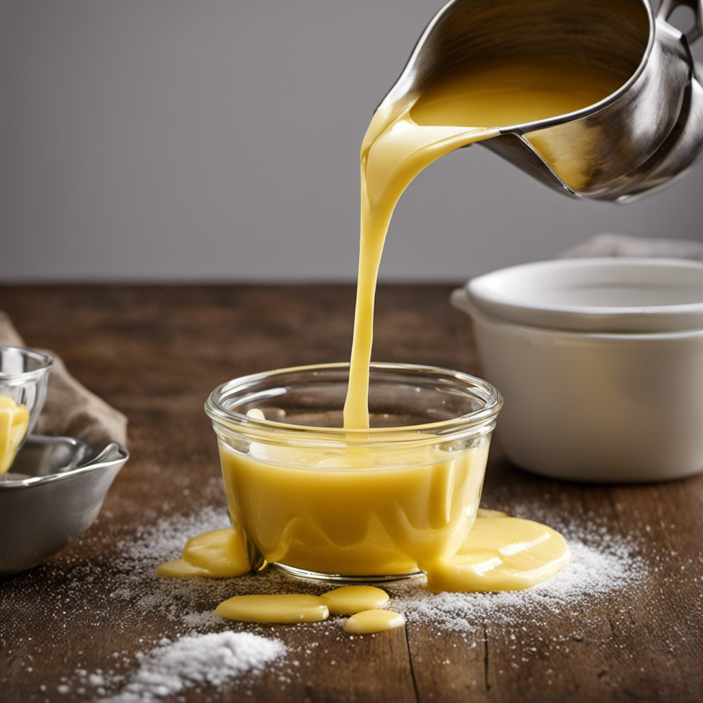 An image showing a measuring cup filled with melted butter up to the 3/4 cup mark