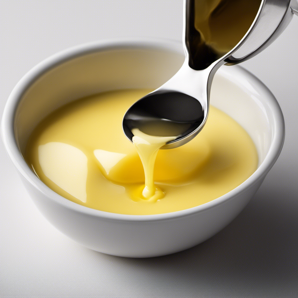 An image of a measuring cup partially filled with melted butter up to the 3/4 cup mark, accompanied by a tablespoon placed next to it