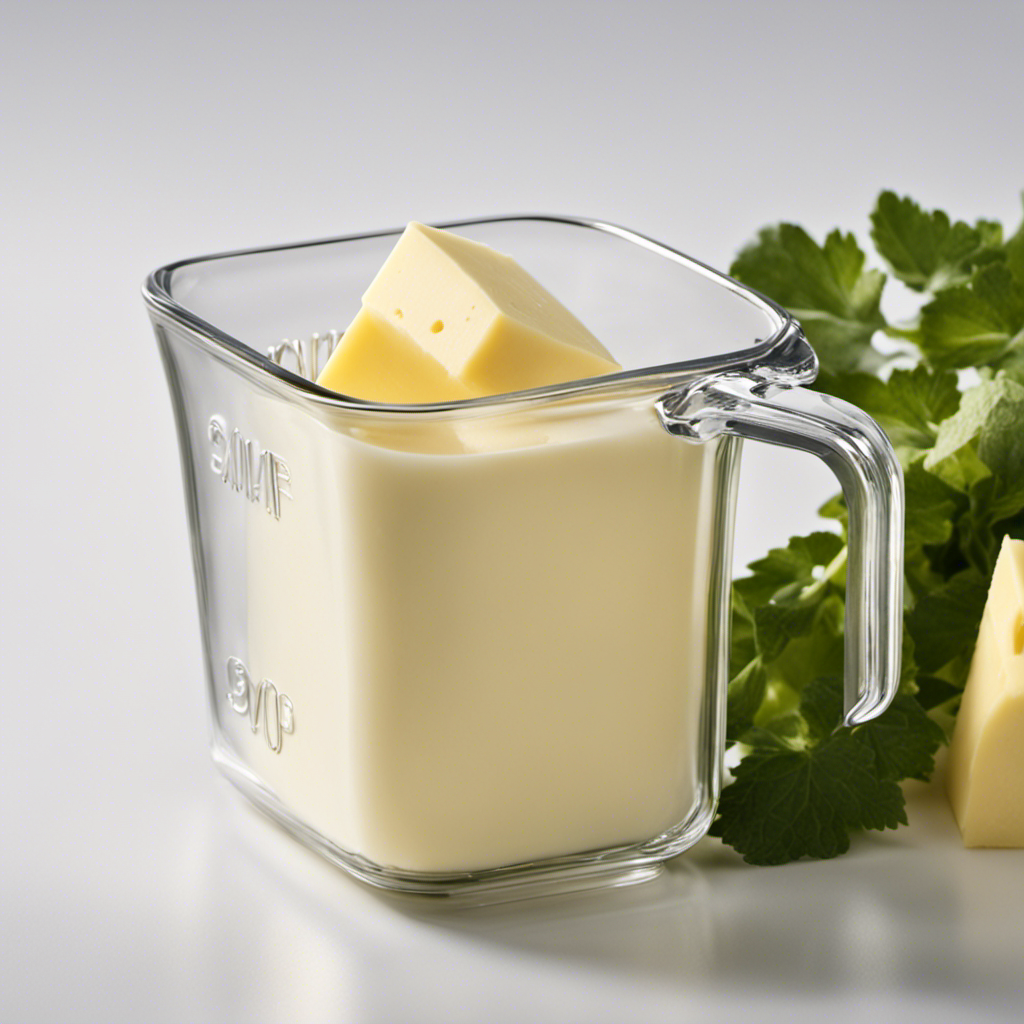 An image showing a clear glass measuring cup filled with exactly 3/4 cup of creamy butter, perfectly molded into a rectangular shape, with tablespoon markings etched on the side for easy identification