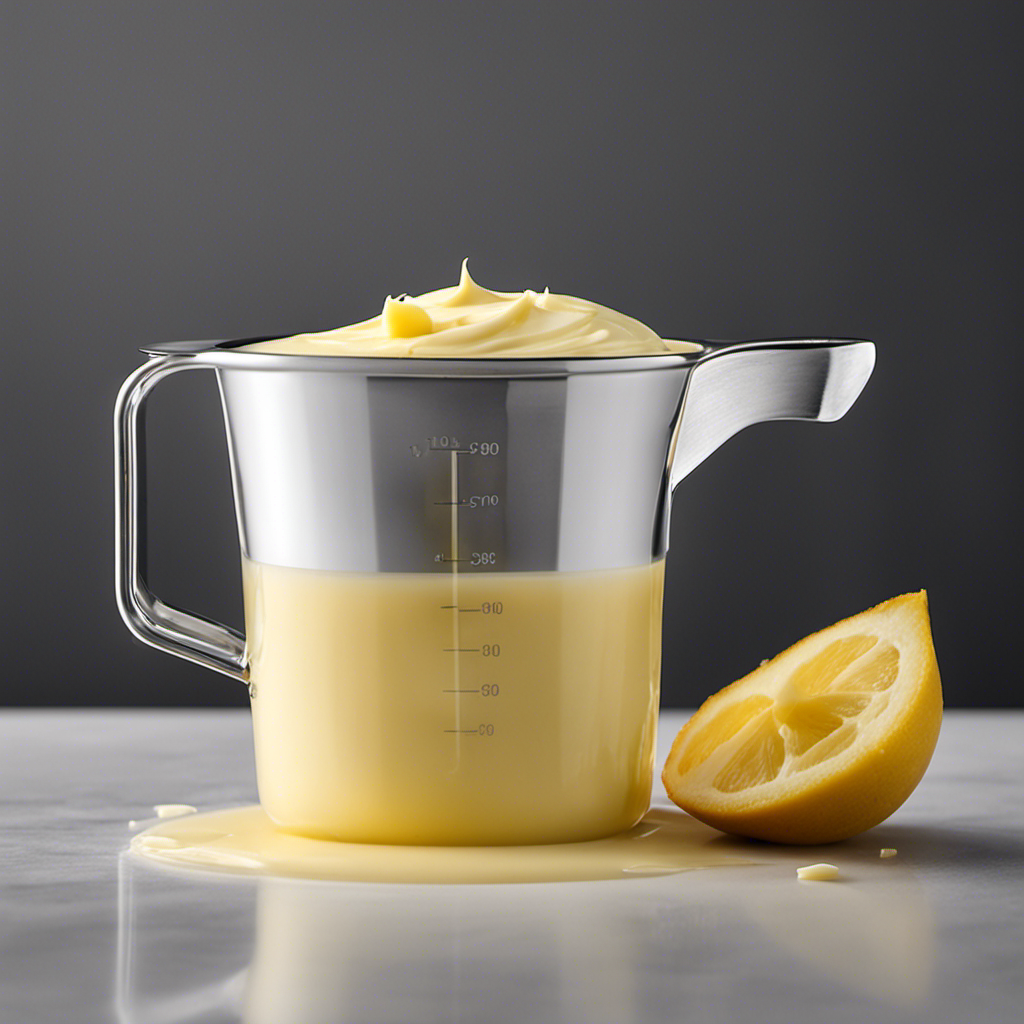 An image showcasing a measuring cup filled with 3/4 cup of butter, precisely measured by pouring it into a tablespoon one by one, capturing the gradual accumulation until the cup is filled