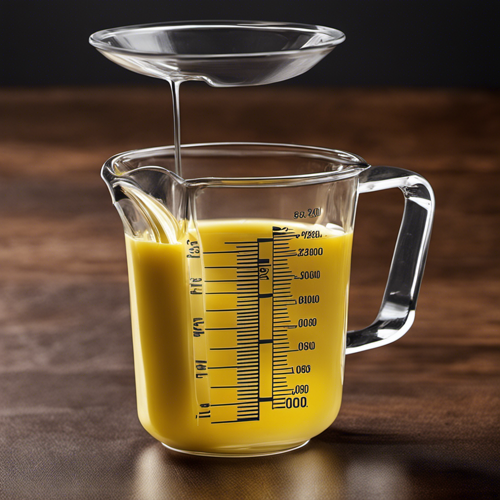 An image showcasing a clear glass measuring cup filled with 3 fluid ounces of melted butter, with a stack of precisely measured tablespoons beside it, demonstrating the conversion from ounces to tablespoons