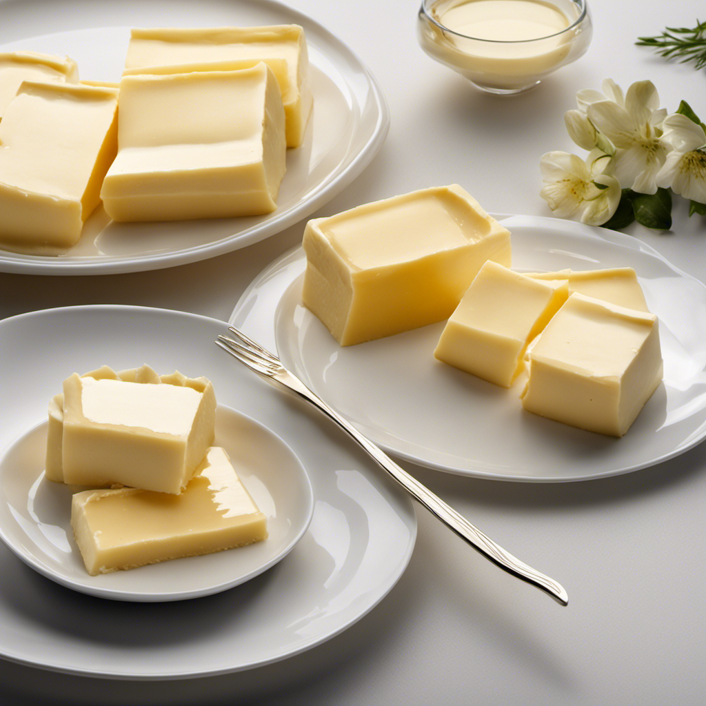 An image showcasing a stick of butter sliced into 8 equal tablespoons, beautifully arranged on a pristine white plate