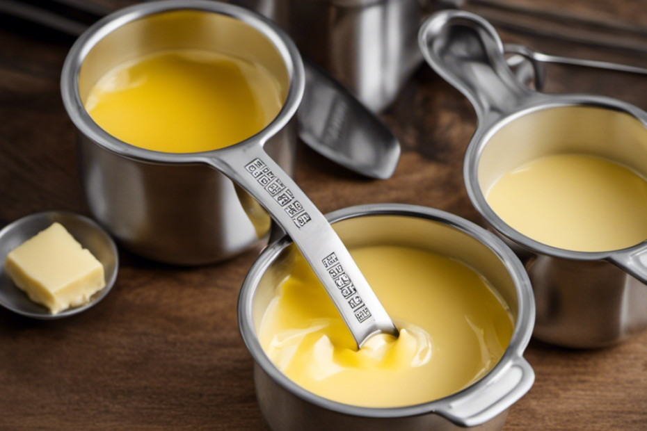 An image showcasing a measuring cup filled with 1/3 cup of melted butter, surrounded by three identical tablespoons, each filled with an equal amount of butter