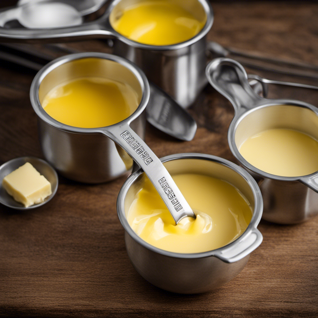 An image showcasing a measuring cup filled with 1/3 cup of melted butter, surrounded by three identical tablespoons, each filled with an equal amount of butter