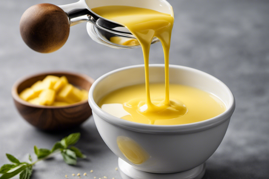 An image showcasing a measuring cup filled with melted butter, precisely pouring into a tablespoon, while adjacent tablespoons gradually fill up a cup, providing a visual representation of converting butter measurements