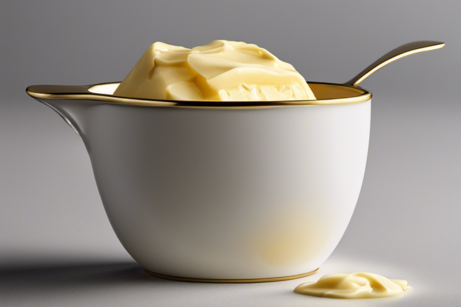 An image depicting a measuring cup filled with a smooth, creamy half cup of butter