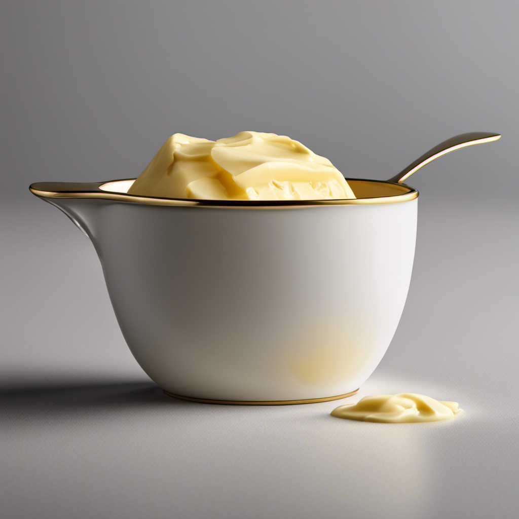 An image depicting a measuring cup filled with a smooth, creamy half cup of butter