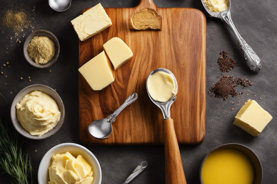 An image featuring a wooden cutting board with a stick of creamy butter placed next to a set of measuring spoons, showcasing the conversion from a stick of butter to tablespoons