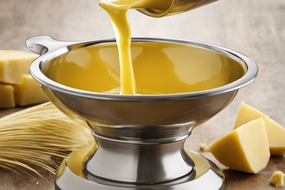 An image depicting a measuring cup filled with melted butter, precisely pouring 5 tablespoons and 1 teaspoon of butter into a bowl, visually illustrating the measurement of a third cup of butter