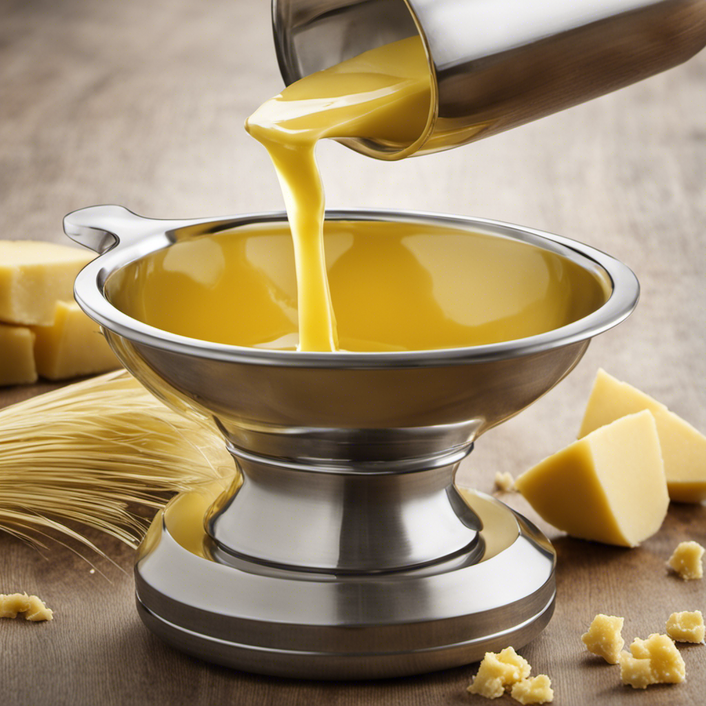 An image depicting a measuring cup filled with melted butter, precisely pouring 5 tablespoons and 1 teaspoon of butter into a bowl, visually illustrating the measurement of a third cup of butter