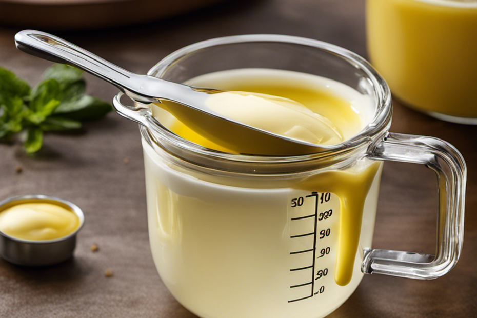 An image showcasing a clear glass measuring cup filled with precisely 16 tablespoons of melted butter, alongside a tablespoon measure, highlighting the conversion from cups to tablespoons