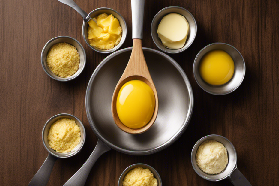 An image showcasing a wooden spoon surrounded by four identical measuring spoons filled with butter, each marked with a different tablespoon measurement