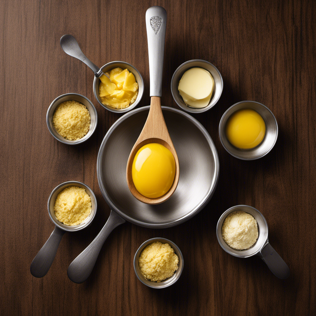 An image showcasing a wooden spoon surrounded by four identical measuring spoons filled with butter, each marked with a different tablespoon measurement