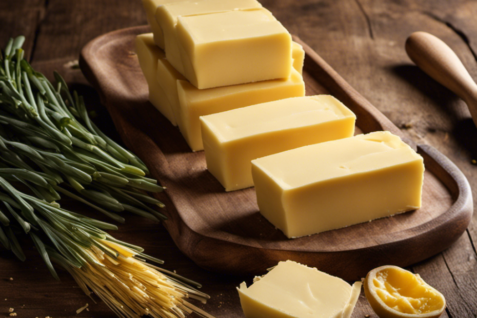 An image showcasing a stack of 8 rectangular butter sticks, each 4 tablespoons in length, arranged neatly on a rustic wooden surface, with soft natural lighting illuminating the creamy texture and golden hue