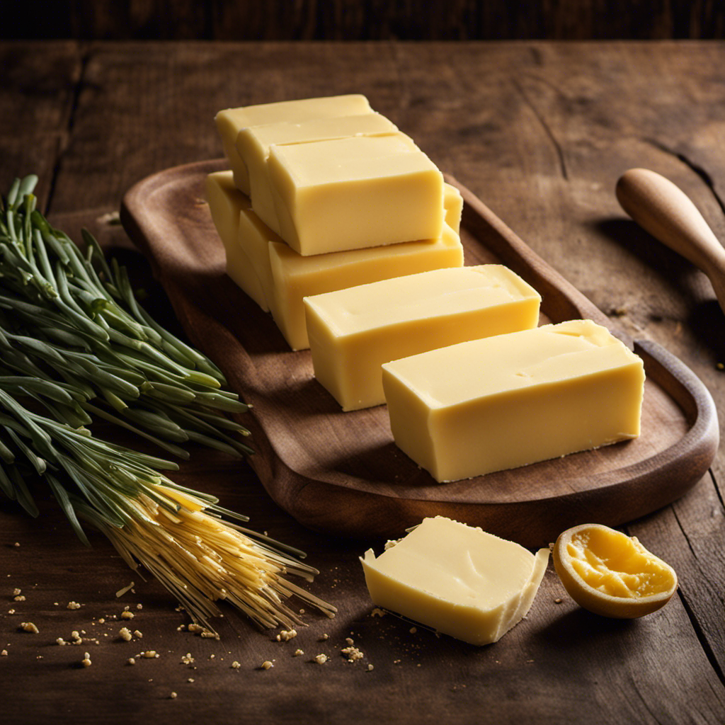 An image showcasing a stack of 8 rectangular butter sticks, each 4 tablespoons in length, arranged neatly on a rustic wooden surface, with soft natural lighting illuminating the creamy texture and golden hue