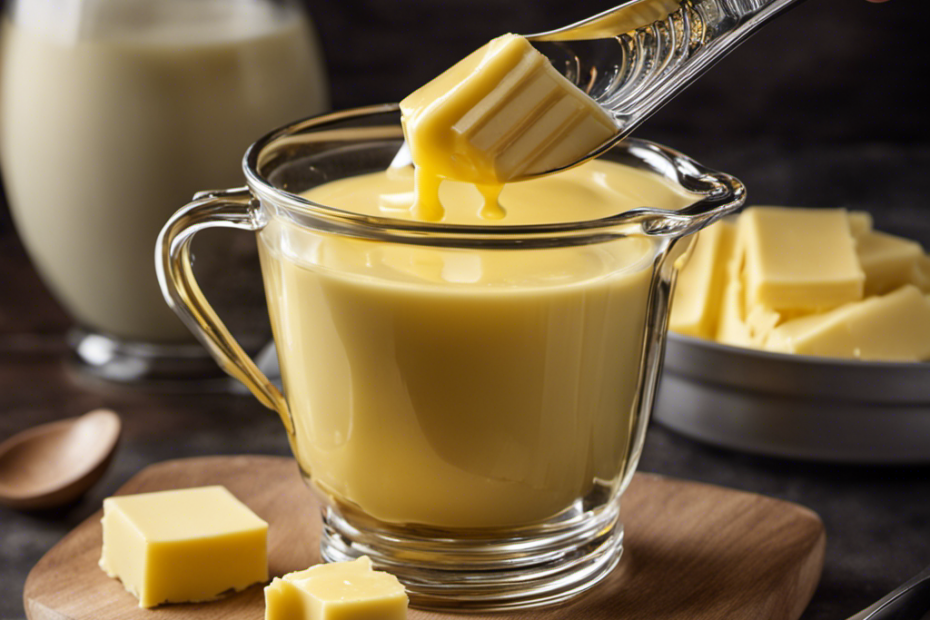 An image showing a measuring cup filled with 2/3 cup of melted butter, alongside a tablespoon placed next to it, highlighting the precise quantity of butter required