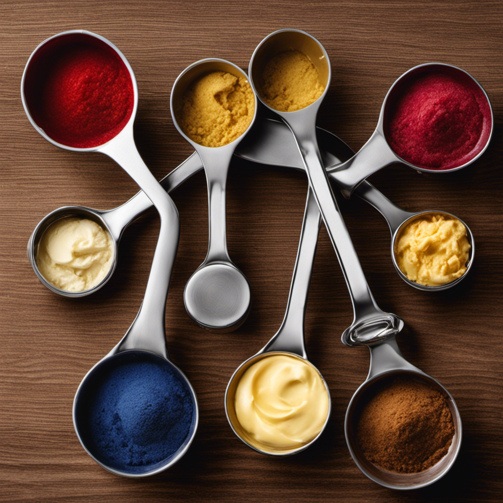 An image showcasing a set of measuring spoons, gradually filling up a measuring cup with velvety butter, capturing the precise conversion from tablespoons to a cup