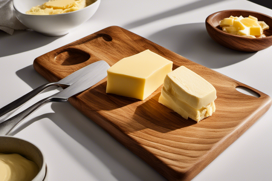 An image showing a wooden cutting board with a stick of butter placed next to a tablespoon measuring spoon