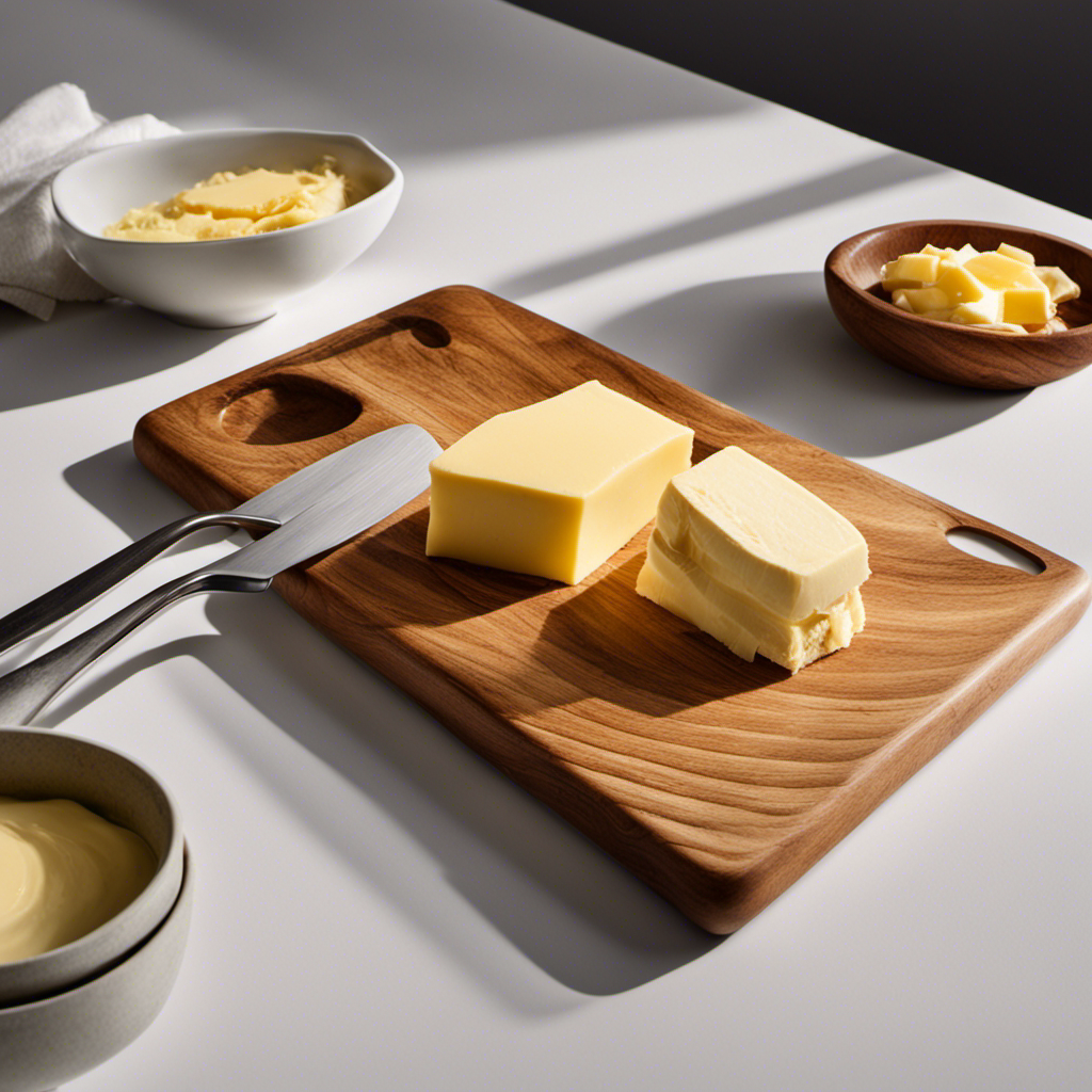An image showing a wooden cutting board with a stick of butter placed next to a tablespoon measuring spoon