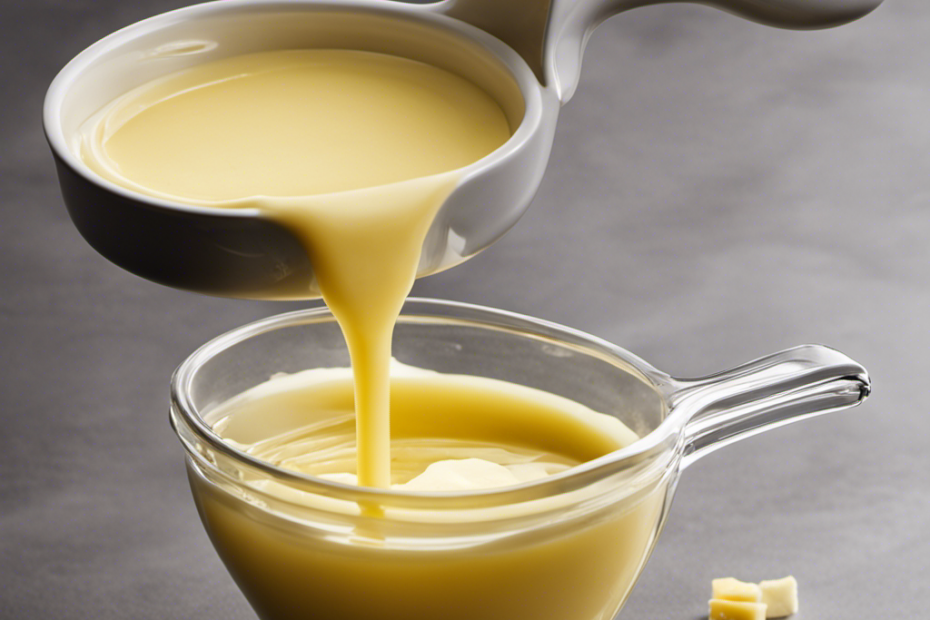 An image showcasing a measuring cup filled with 1/3 cup of melted butter, surrounded by six neatly arranged tablespoons of butter, highlighting the equivalency between the two measurements