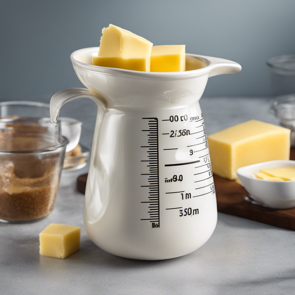 An image capturing the essence of a measuring cup filled to exactly 2/3 cup, with tablespoons of butter gradually filling it up, visually illustrating the conversion from tablespoons to cups