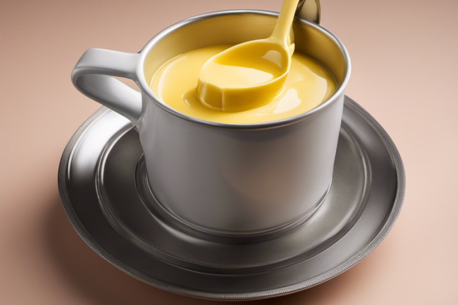 An image showcasing a measuring cup filled with precisely 1/3 cup of melted butter, beautifully contrasting against a backdrop of carefully arranged 10 individual tablespoons of butter