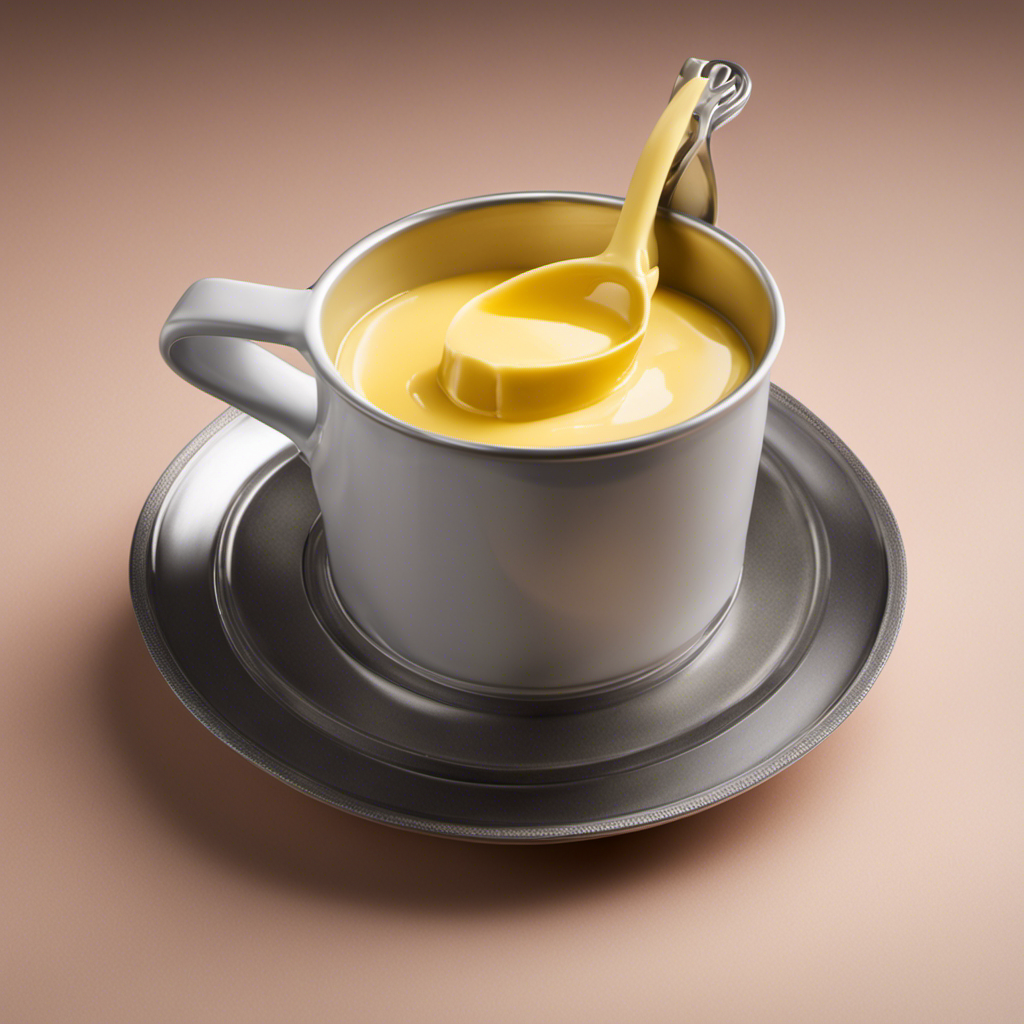 An image showcasing a measuring cup filled with precisely 1/3 cup of melted butter, beautifully contrasting against a backdrop of carefully arranged 10 individual tablespoons of butter