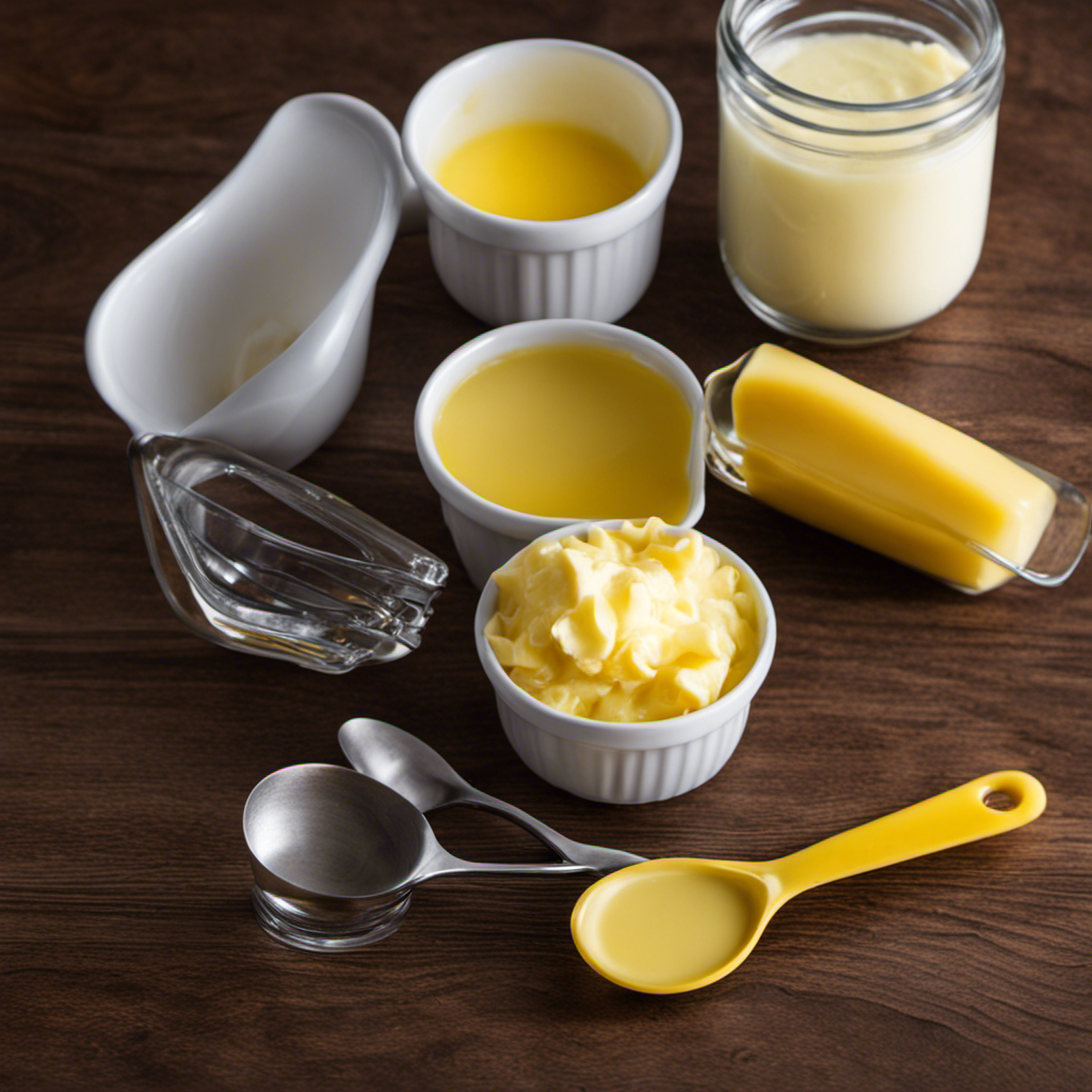An image showcasing a measuring cup filled with 3/4 cup of melted butter, alongside a tablespoon measuring spoon, demonstrating the conversion of tablespoons to 3/4 cup of butter