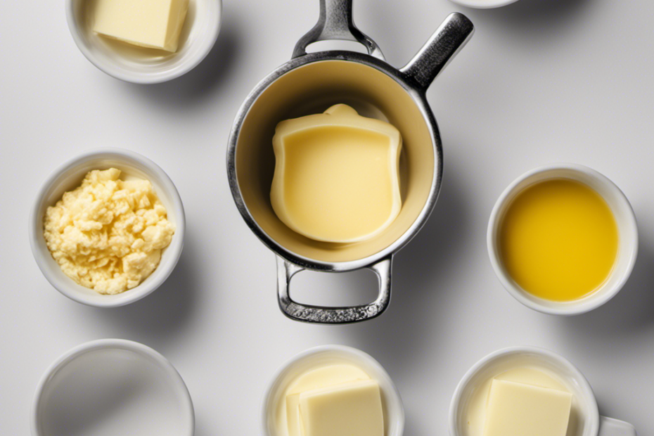 An image showcasing a measuring cup filled with 1/4 cup of butter, alongside four identical tablespoons, visually representing the conversion from cups to tablespoons for a blog post about measurements and cooking